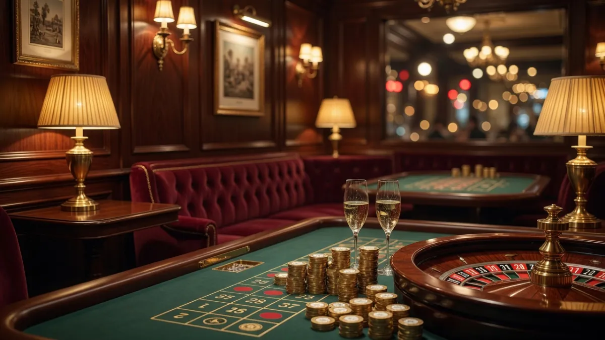 Lussuosa sala da casinò con roulette, lampadari e poltrone di velluto